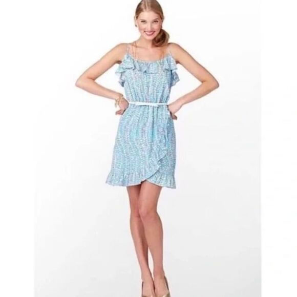 Lilly Pulitzer Kalen Clam Patterned Blue & Pink Ruffle Dress - Picture 2 of 10